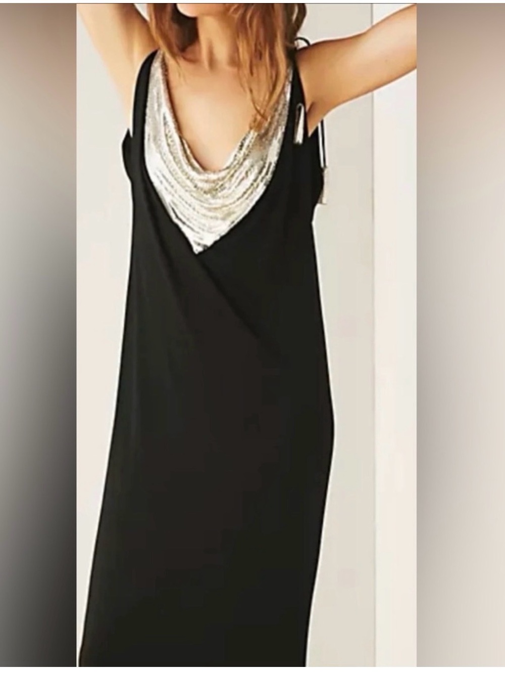Jones New York Black Maxi Dress with Silver Draped Necklace Detail